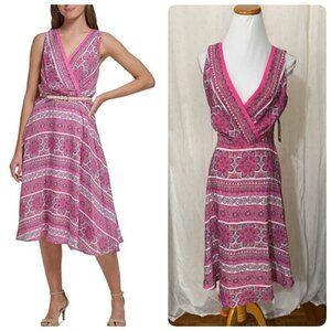 Tommy Hilfiger Bandana-Print Surplice Belted Midi Dress Sz 2 in Pink